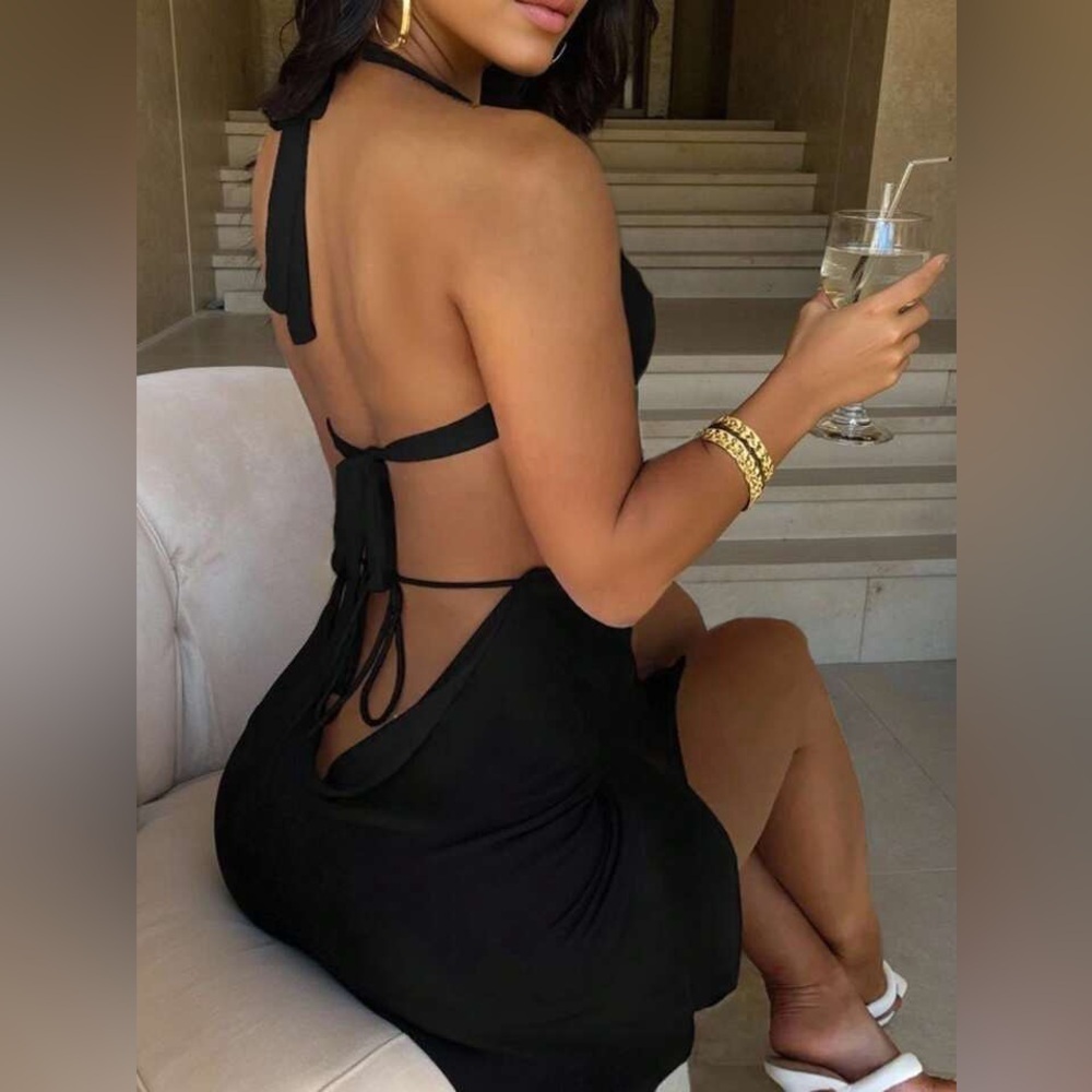 SHEIN Black Halter Cut-Out Mini Dress Open Back Slit - NWOT - Picture 4 of 5